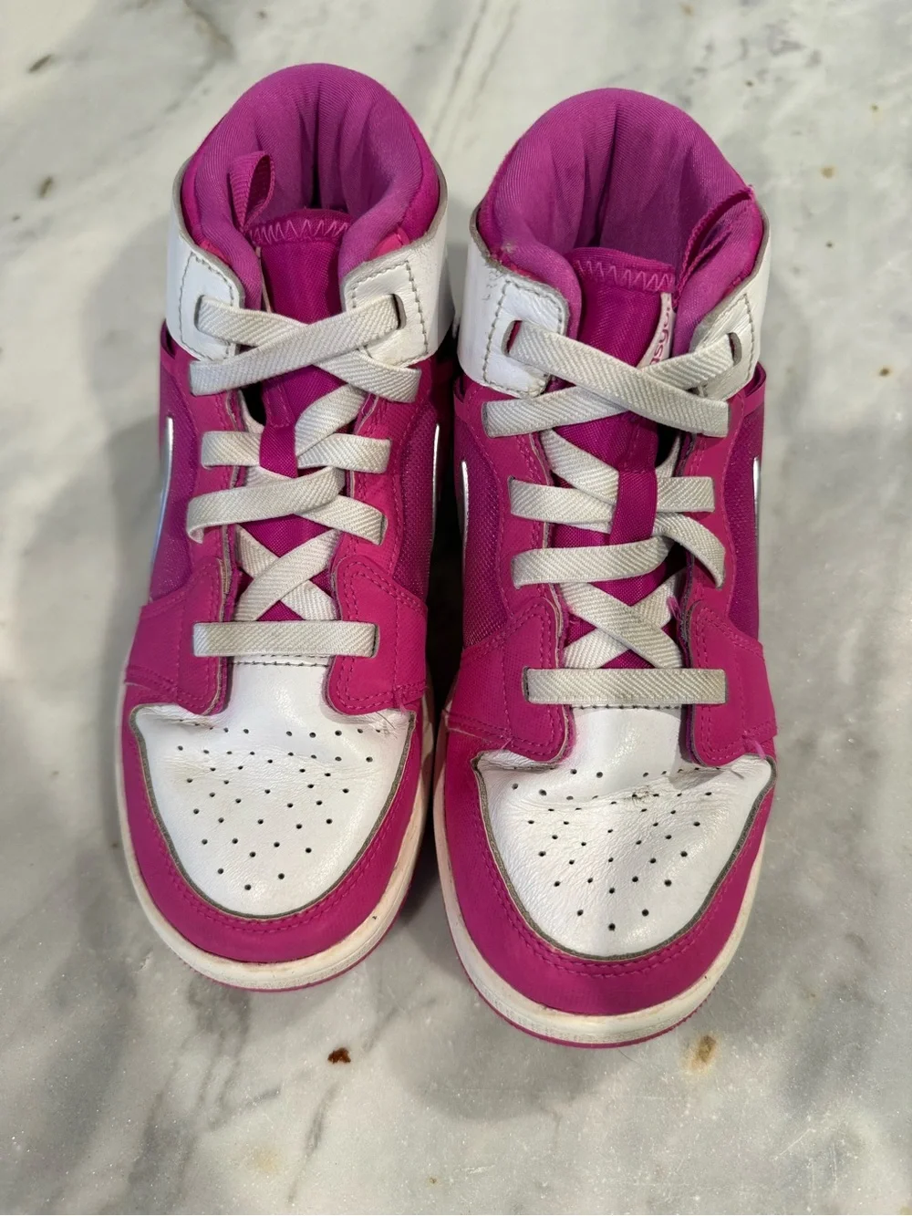 Jordan Pink and White Mid-Top Sneakers with Silver Swoosh